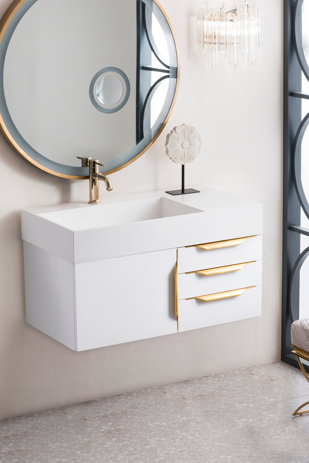 Columbia 36" Single Wall Mount Vanity, Glossy White, Radiant Gold w/ Glossy White Composite Stone Top
