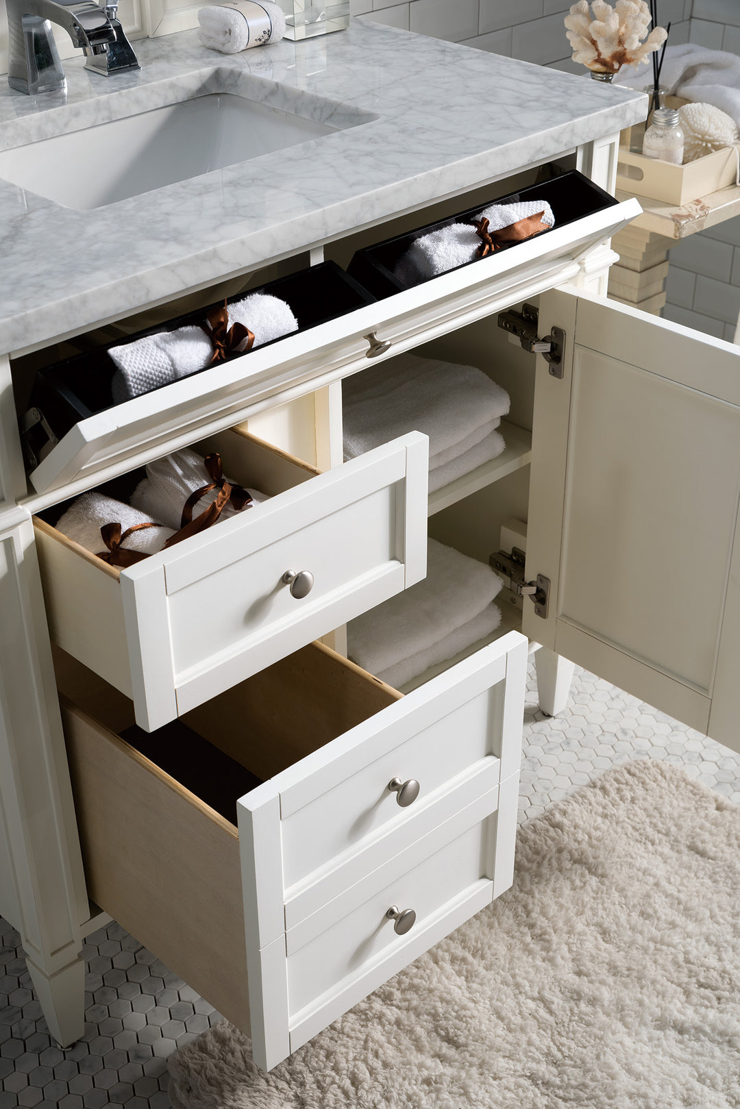 Brittany 36" Single Vanity, Bright White w/ 3 CM Carrara Marble Top