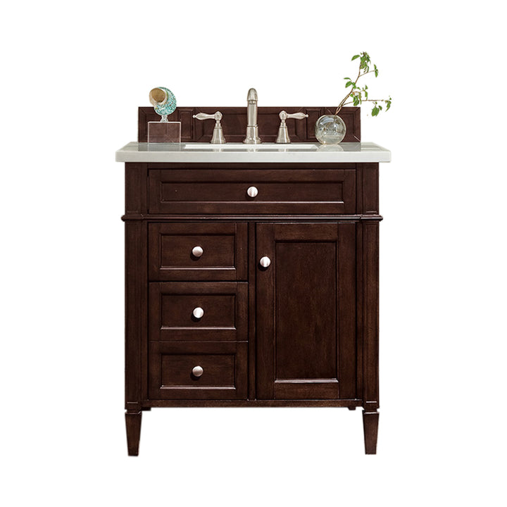 Brittany 30" Single Vanity, Burnished Mahogany, w/ 3 CM White Zeus Silestone Top