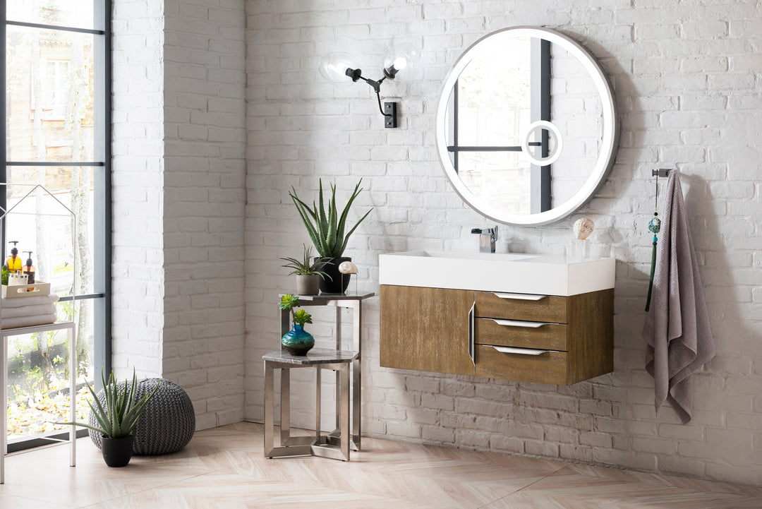 Columbia 36" Single Wall Mount Vanity, Latte Oak, Brushed Nickel w/ Glossy White Composite Stone Top