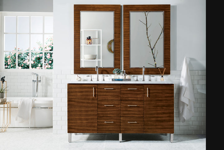 Metropolitan 60" Double Vanity, American Walnut w/ 3 CM Carrara Marble Top