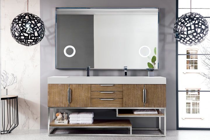 Columbia 72" Double Vanity, Latte Oak, Brushed Nickel w/ Glossy White Composite Stone Top