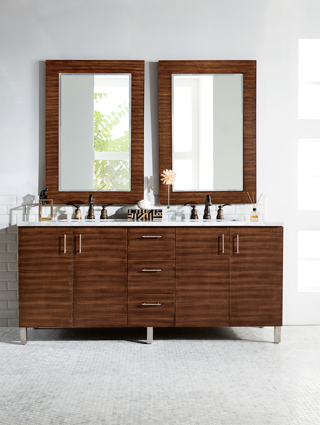 Metropolitan 72" Double Vanity, American Walnut w/ 3 CM Carrara Marble Top