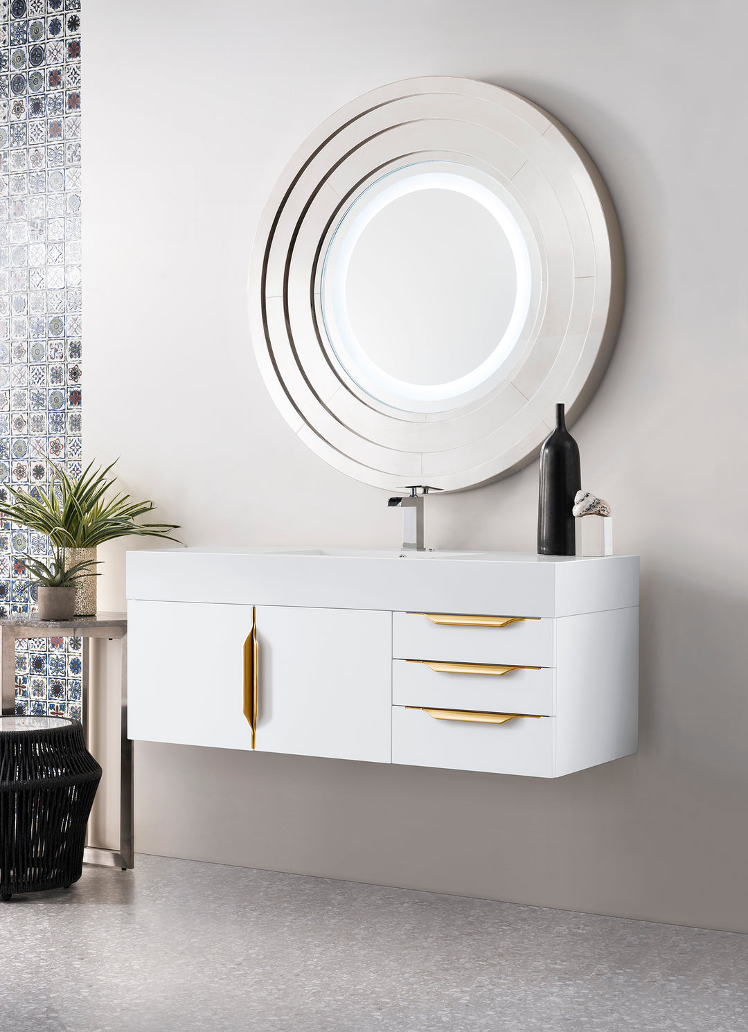 Columbia 48" Single Wall Mount Vanity, Glossy White, Radiant Gold w/ Glossy White Composite Stone Top