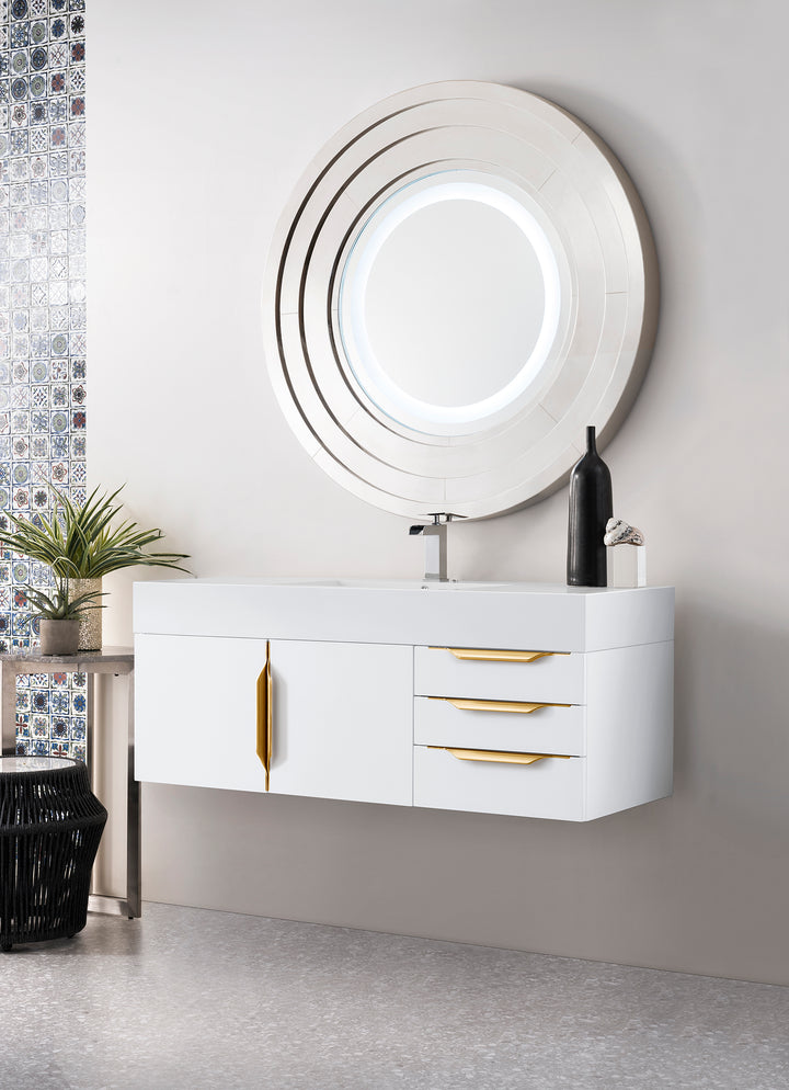 Columbia 48" Single Wall Mount Vanity, Glossy White, Radiant Gold w/ Glossy White Composite Stone Top