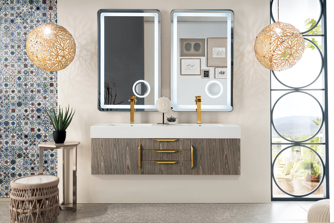 Columbia 59" Double Wall Mount Vanity, Ash Gray, Radiant Gold w/ Glossy White Composite Stone Top