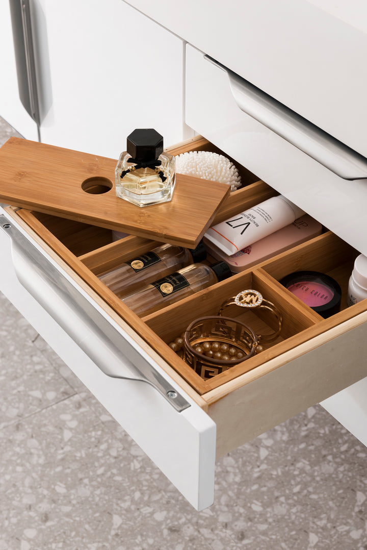 Columbia 48" Single Wall Mount Vanity, Glossy White, Brushed Nickel w/ Glossy White Composite Stone Top