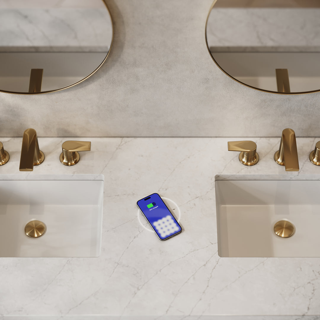 Chicago 60" Double Vanity, Walnut Whisper, w/ 3 CM Eternal Jasmine Pearl Silestone® Top w/FreePower Wireless Charger