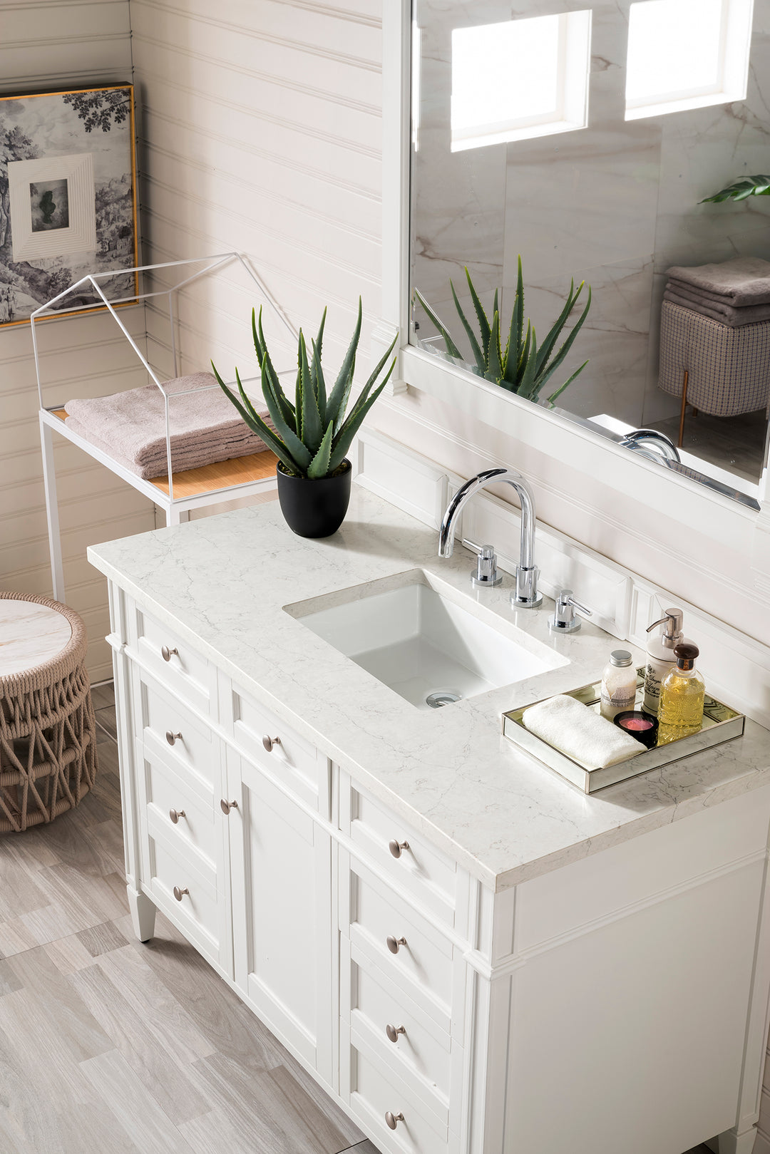Brittany 48" Single Vanity, Bright White w/ 3 CM Eternal Jasmine Pearl Silestone Top w/FreePower Wireless Charger