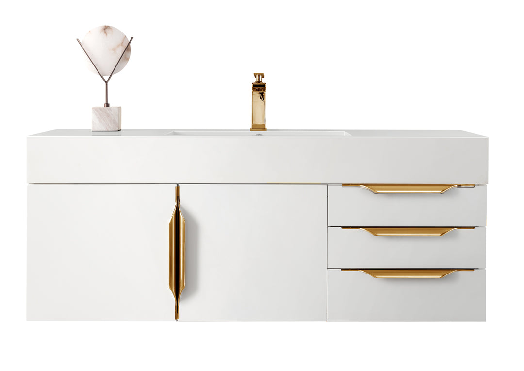 Columbia 48" Single Wall Mount Vanity, Glossy White, Radiant Gold w/ Glossy White Composite Stone Top