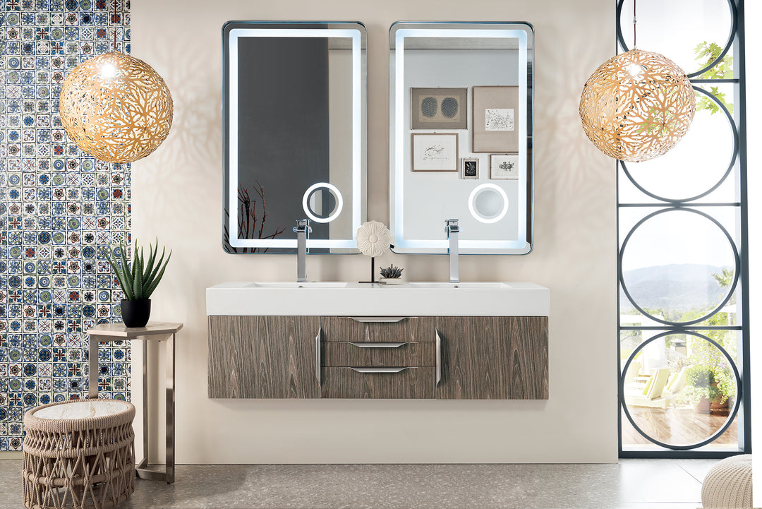 Columbia 59" Double Wall Mount Vanity, Ash Gray, Brushed Nickel w/ Glossy White Composite Stone Top
