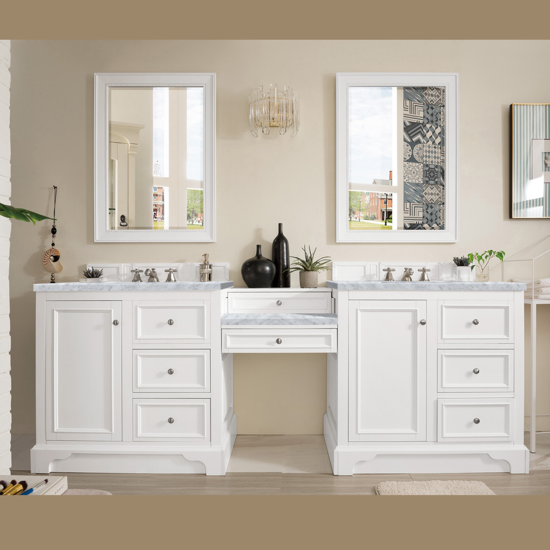 De Soto 94" Double Vanity Set, Bright White w/ 3 CM Carrara Marble Top