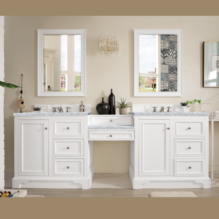 De Soto 94" Double Vanity Set, Bright White w/ 3 CM Carrara Marble Top