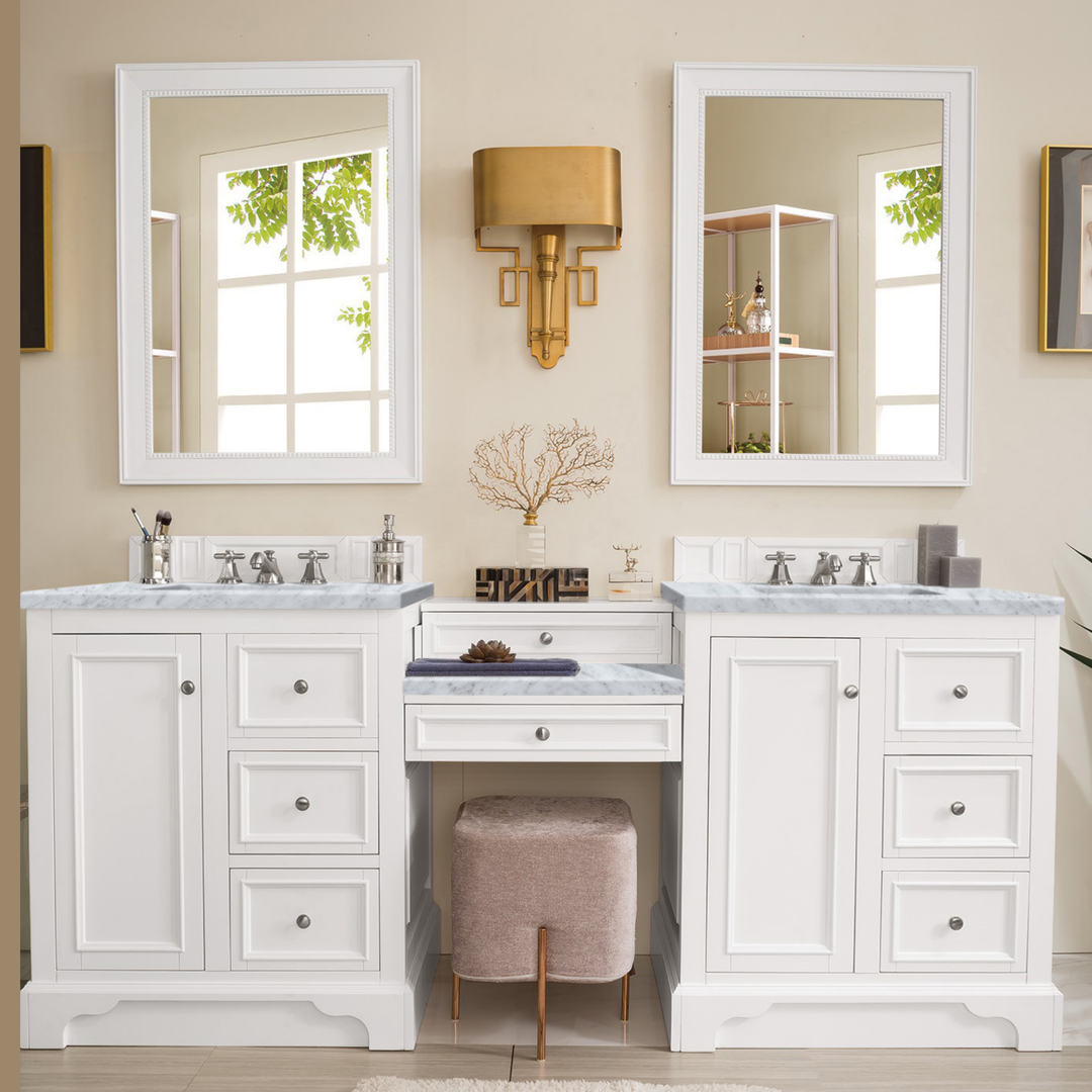 De Soto 82" Double Vanity Set, Bright White w/ 3 CM Carrara Marble Top