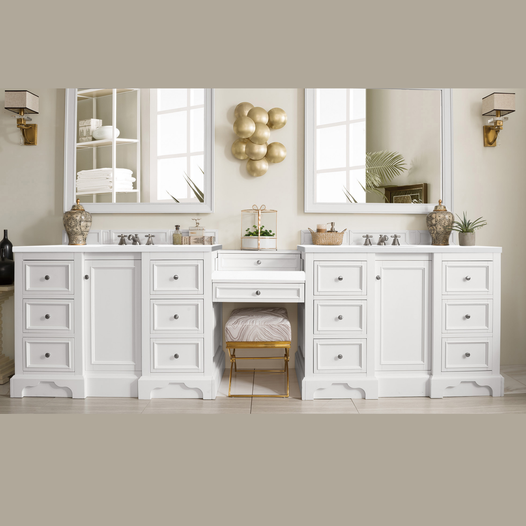 De Soto 118" Double Vanity Set, Bright White w/ 3 CM White Zeus Silestone Top