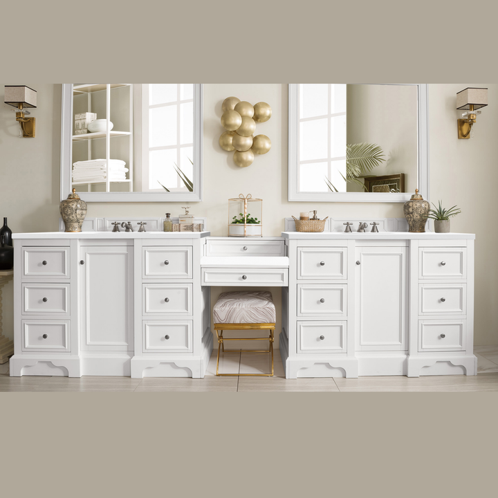 De Soto 118" Double Vanity Set, Bright White w/ 3 CM White Zeus Silestone Top