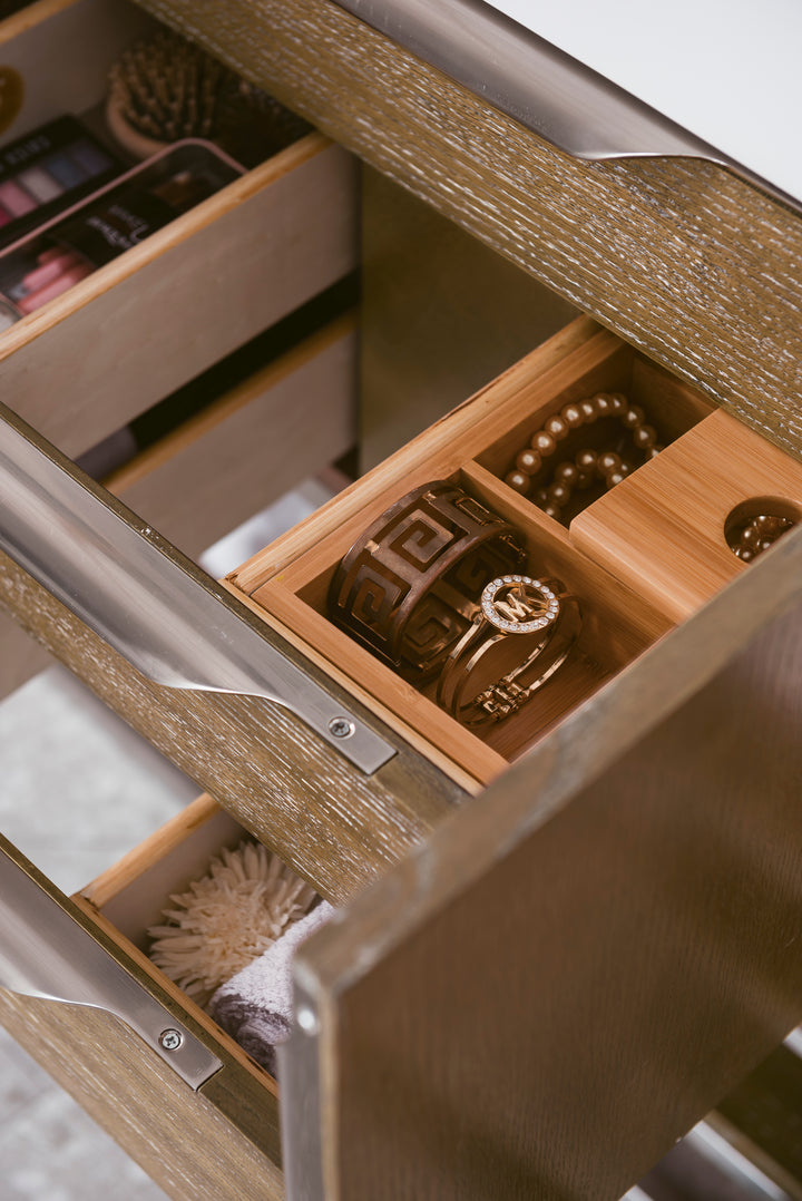 Columbia 72" Double Vanity, Latte Oak, Brushed Nickel w/ Glossy White Composite Stone Top