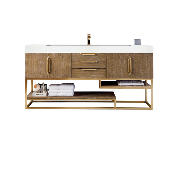 Columbia 72" Single Vanity, Latte Oak, Radiant Gold w/ Glossy White Composite Stone Top