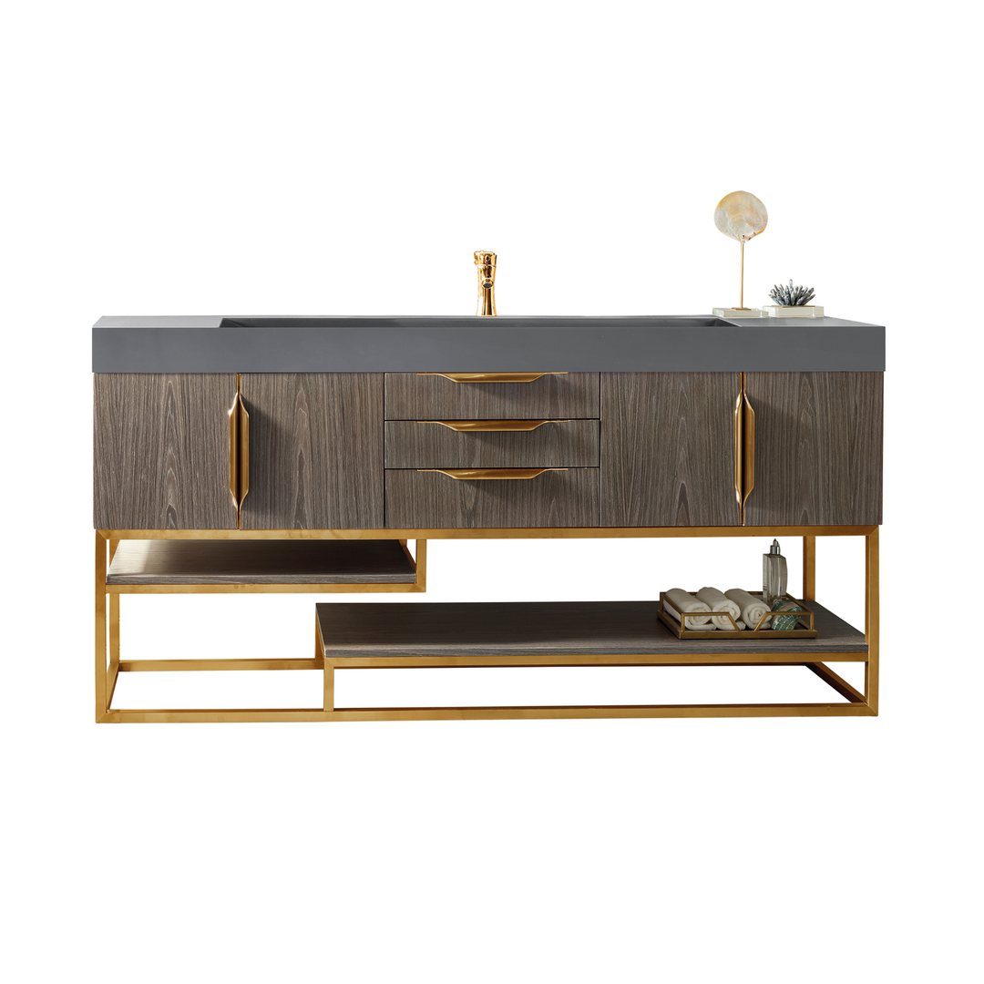 Columbia 72" Single Vanity, Ash Gray, Radiant Gold w/ Dusk Grey Glossy Composite Stone Top