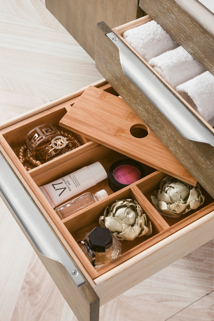 Columbia 48" Single Wall Mount Vanity, Latte Oak, Brushed Nickel w/ Glossy White Composite Stone Top