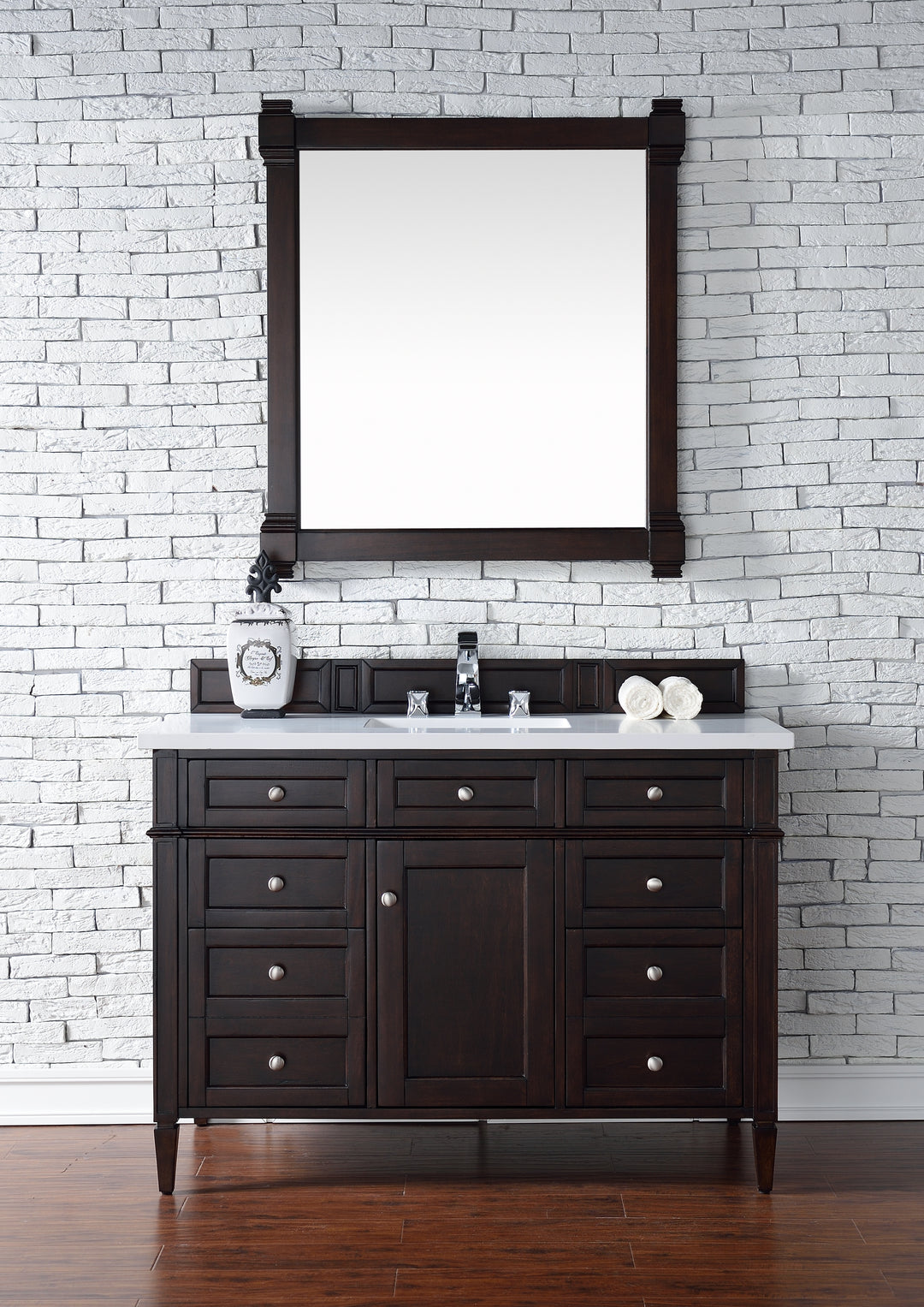 Brittany 48" Single Vanity, Burnished Mahogany w/ 3 CM White Zeus Silestone Top