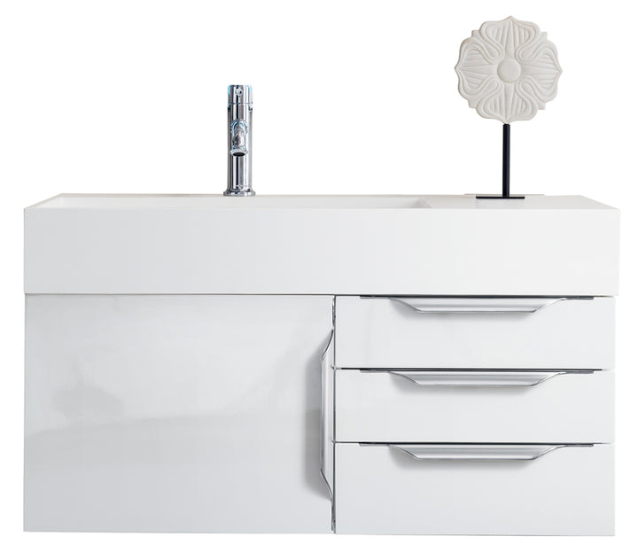 Columbia 36" Single Wall Mount Vanity, Glossy White, Brushed Nickel w/ Glossy White Composite Stone Top