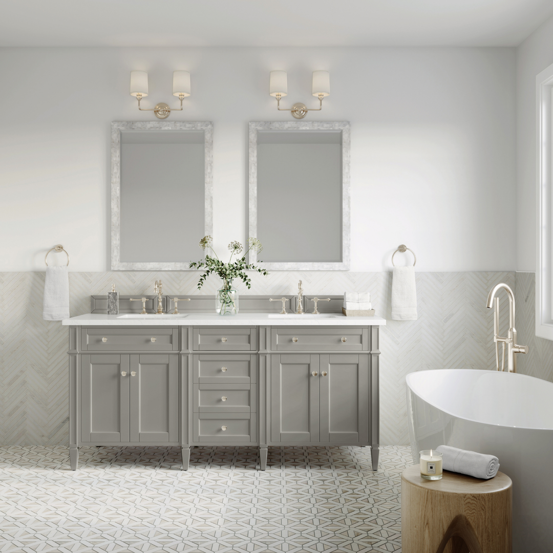 Brittany 72" Double Vanity, Urban Gray w/ 3 CM White Zeus Silestone Top