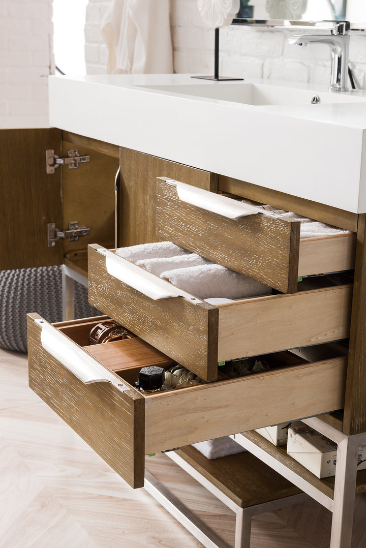 Columbia 48" Single Vanity, Latte Oak, Brushed Nickel w/ Glossy White Composite Stone Top