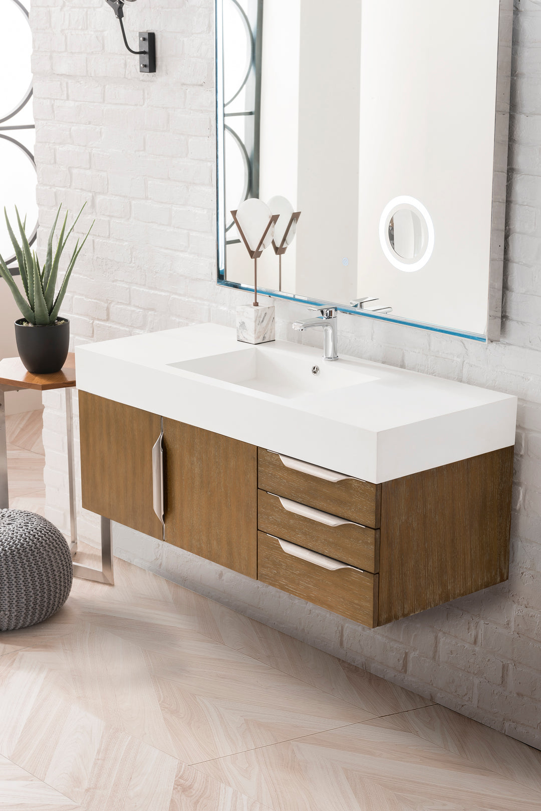 Columbia 48" Single Wall Mount Vanity, Latte Oak, Brushed Nickel w/ Glossy White Composite Stone Top