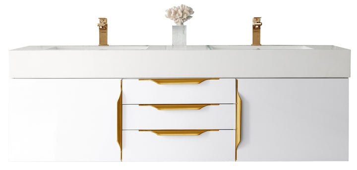 Columbia 59" Double Wall Mount Vanity, Glossy White, Radiant Gold w/ Glossy White Composite Stone Top
