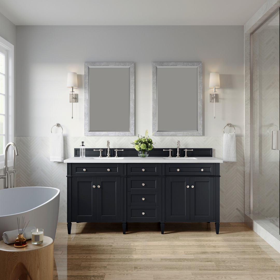 Brittany 72" Double Vanity, Black Onyx w/ 3 CM White Zeus Silestone Top