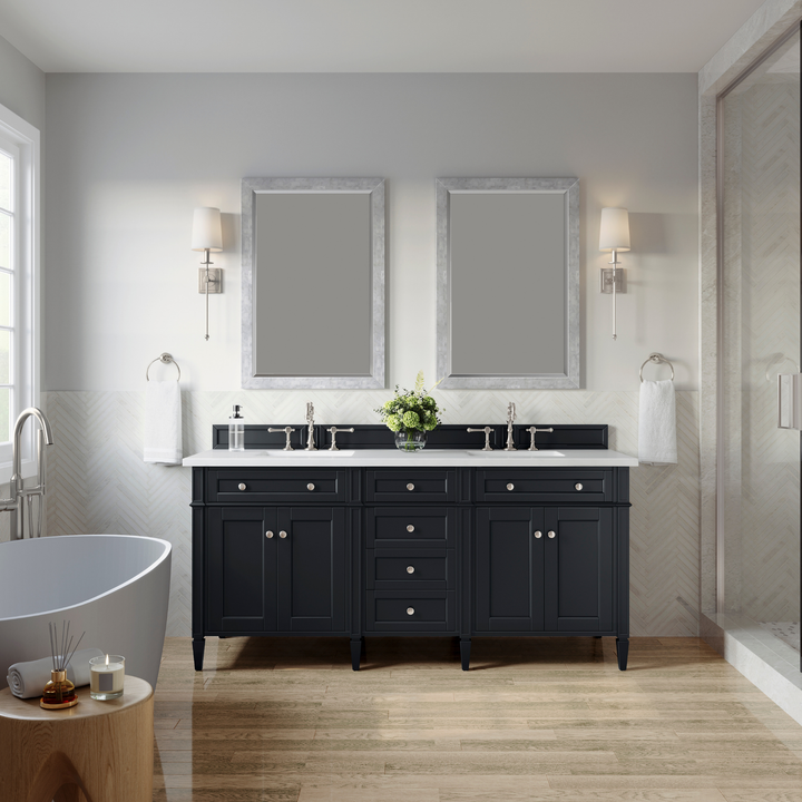 Brittany 72" Double Vanity, Black Onyx w/ 3 CM White Zeus Silestone Top