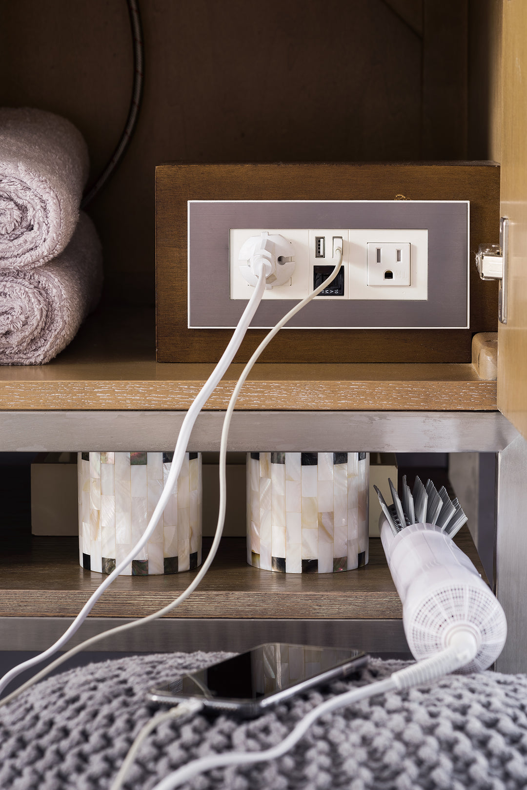 Columbia 59" Double Vanity, Latte Oak, Brushed Nickel w/ Glossy White Composite Stone Top