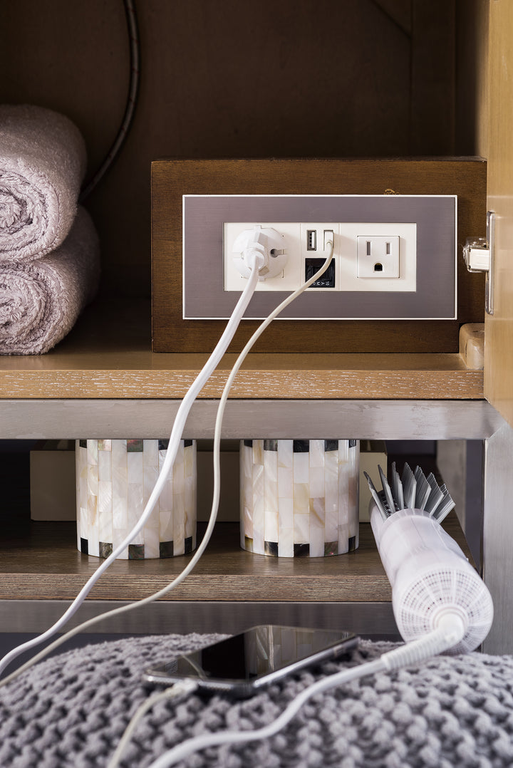 Columbia 59" Double Vanity, Latte Oak, Brushed Nickel w/ Glossy White Composite Stone Top
