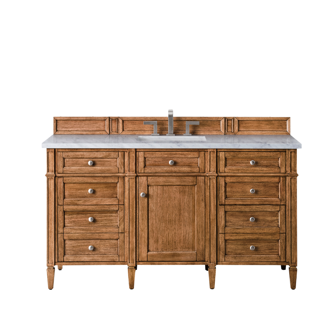 Brittany 60" Single Vanity, Saddle Brown w/ 3 CM Carrara Marble Top