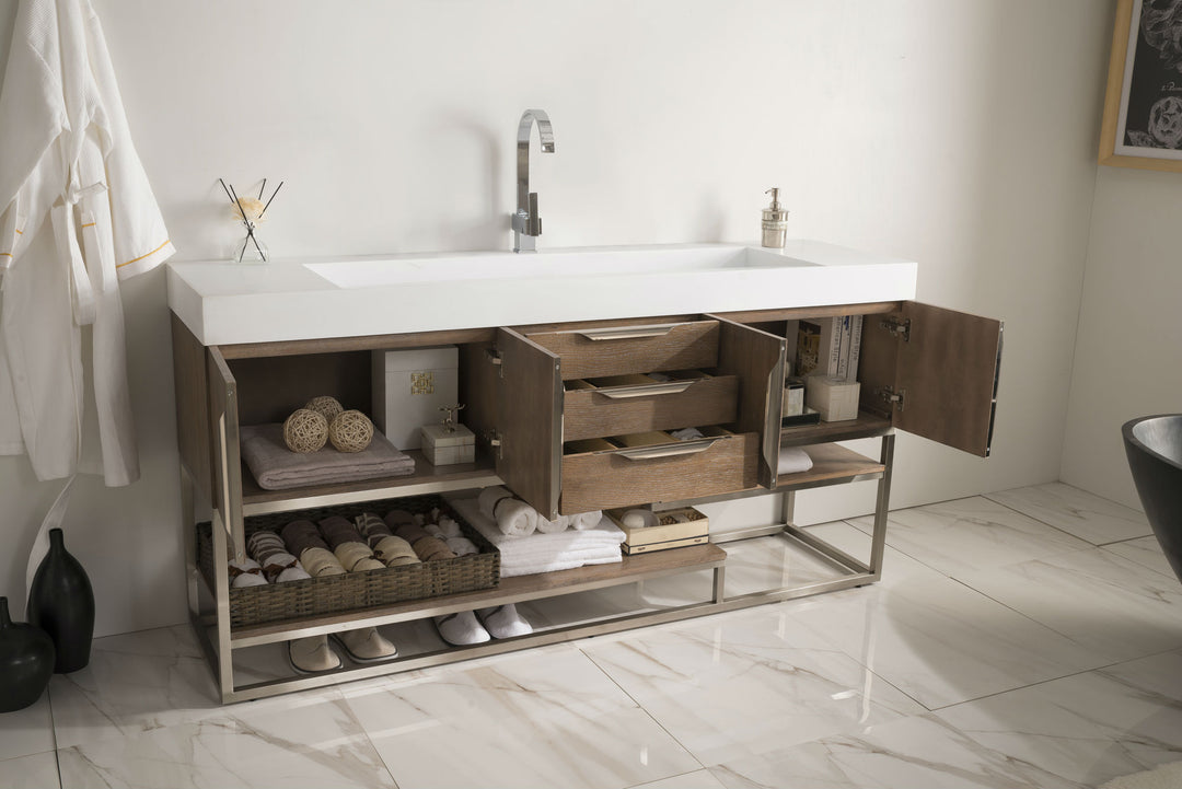 Columbia 72" Single Vanity, Latte Oak, Brushed Nickel w/ Glossy White Composite Stone Top