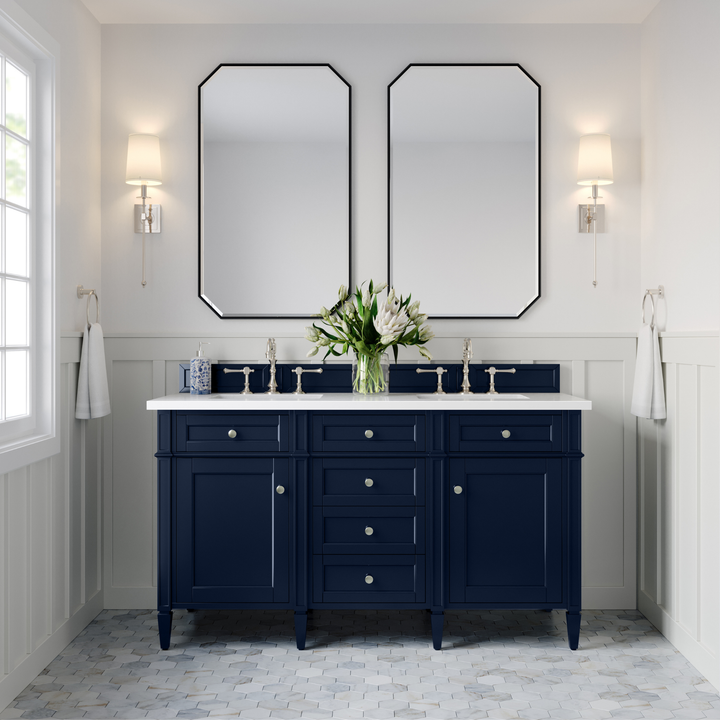 Brittany 60" Double Vanity, Victory Blue w/ 3 CM White Zeus Silestone Top