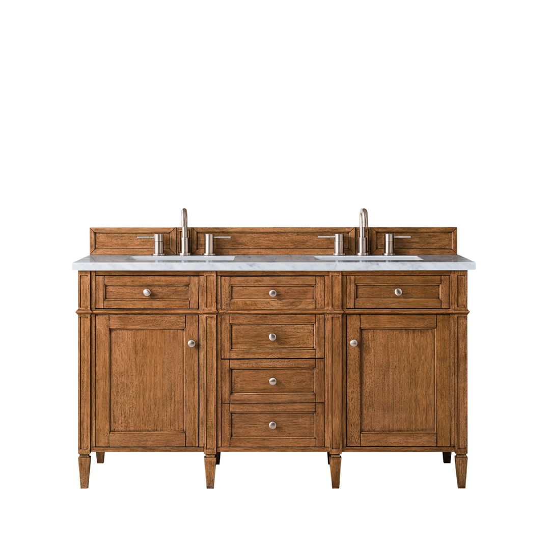 Brittany 60" Double Vanity, Saddle Brown w/ 3 CM Eternal Jasmine Pearl Silestone Top