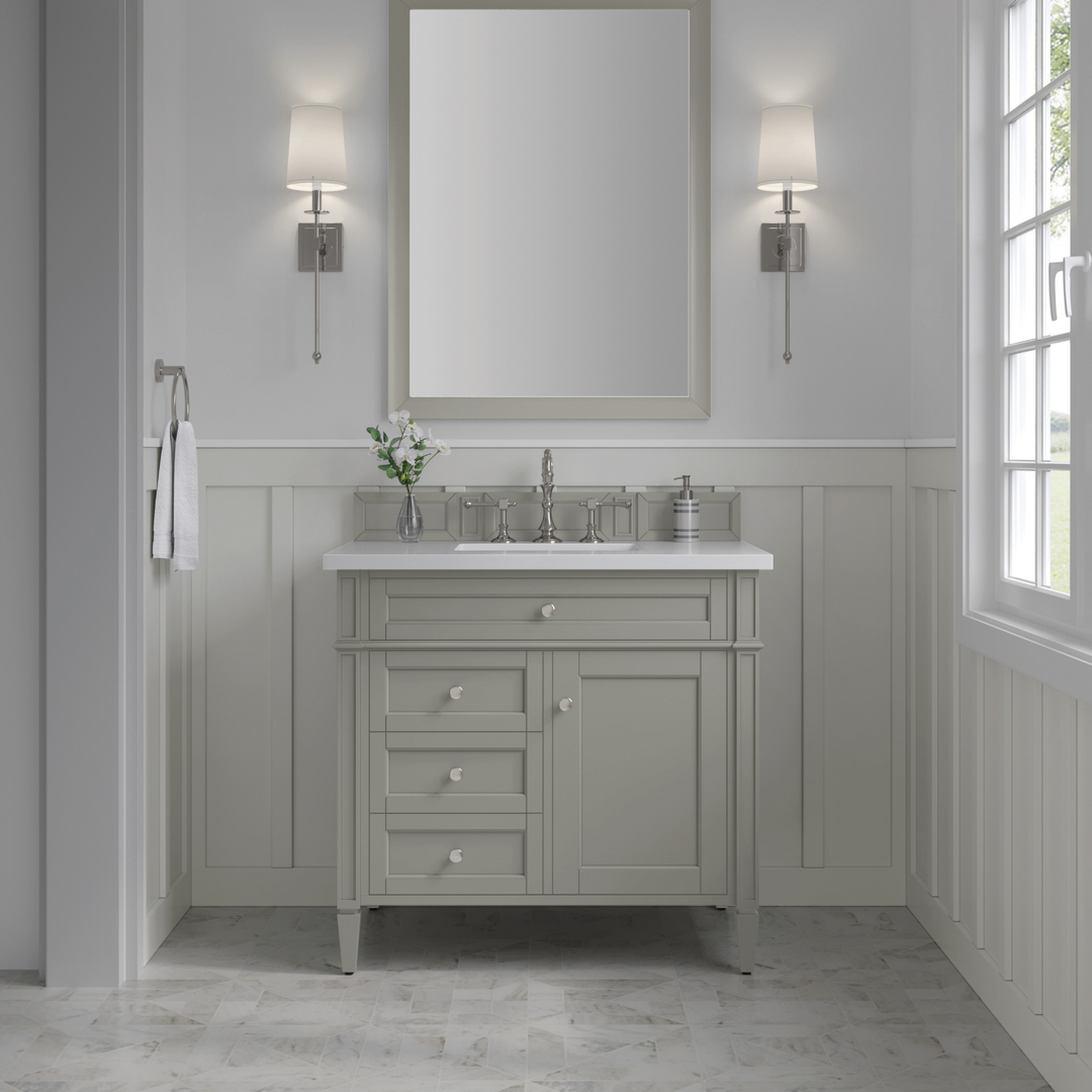Brittany 36" Single Vanity, Urban Gray w/ 3 CM White Zeus Silestone Top