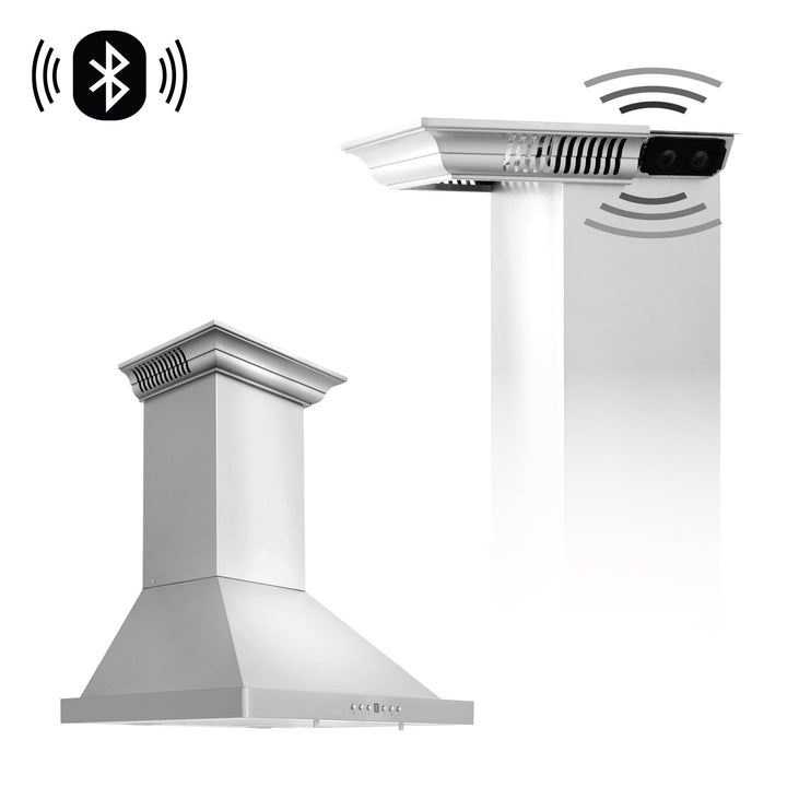 24" ZLINE CrownSoundâ„¢Ducted Vent Wall Mount Range Hood in Stainless Steel with Built-in Bluetooth Speakers (KBCRN-BT-24)