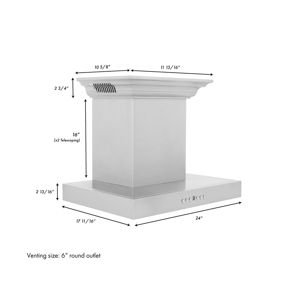 24" ZLINE CrownSoundâ„¢Ducted Vent Wall Mount Range Hood in Stainless Steel with Built-in Bluetooth Speakers (KECRN-BT-24)