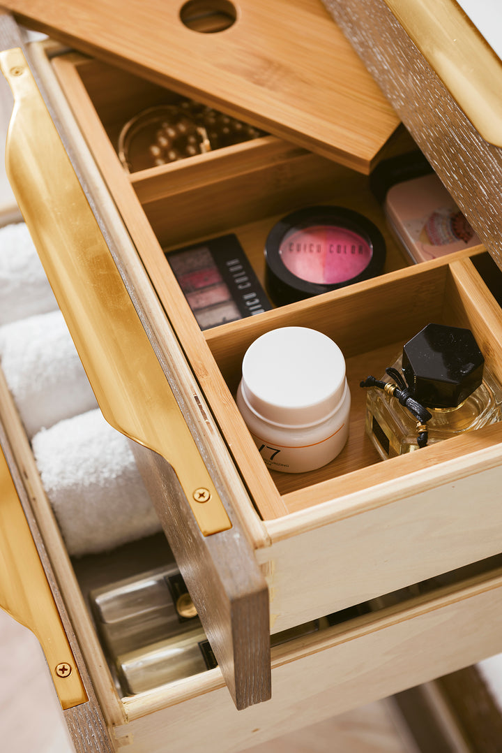 Columbia 36" Single Wall Mount Vanity, Latte Oak, Radiant Gold w/ Glossy White Composite Stone Top