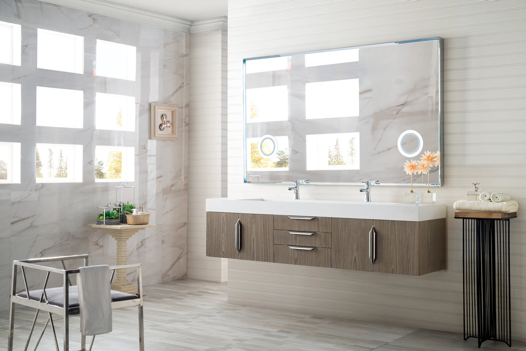 Columbia 72" Double Wall Mount Vanity, Ash Gray, Brushed Nickel w/ Glossy White Composite Stone Top