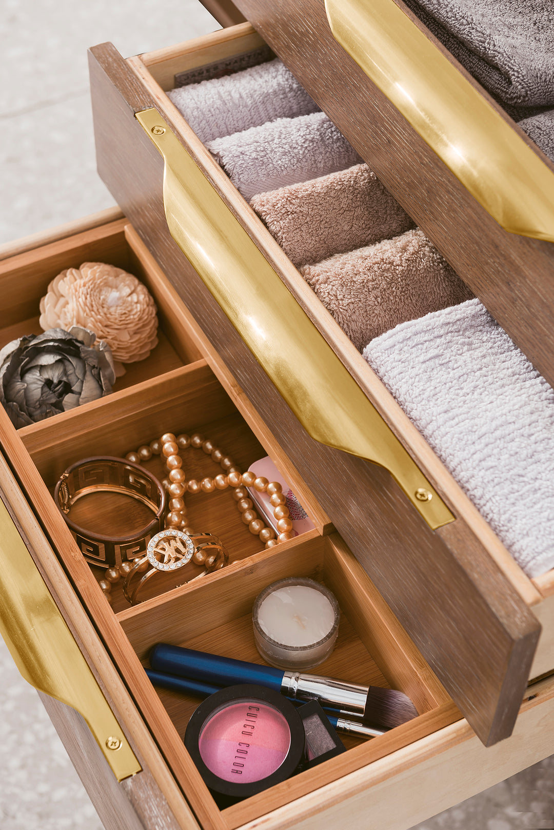 Columbia 59" Double Wall Mount Vanity, Latte Oak, Radiant Gold w/ Glossy White Composite Stone Top