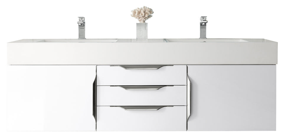 Columbia 59" Double Wall Mount Vanity, Glossy White, Brushed Nickel w/ Glossy White Composite Stone Top