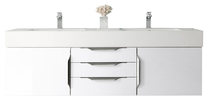 Columbia 59" Double Wall Mount Vanity, Glossy White, Brushed Nickel w/ Glossy White Composite Stone Top