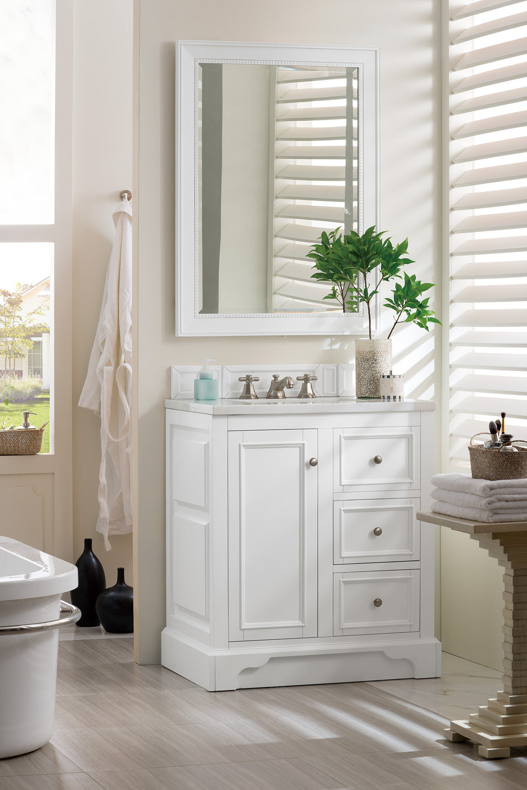 De Soto 30" Single Vanity, Bright White w/ 3 CM Arctic Fall Solid Surface Top