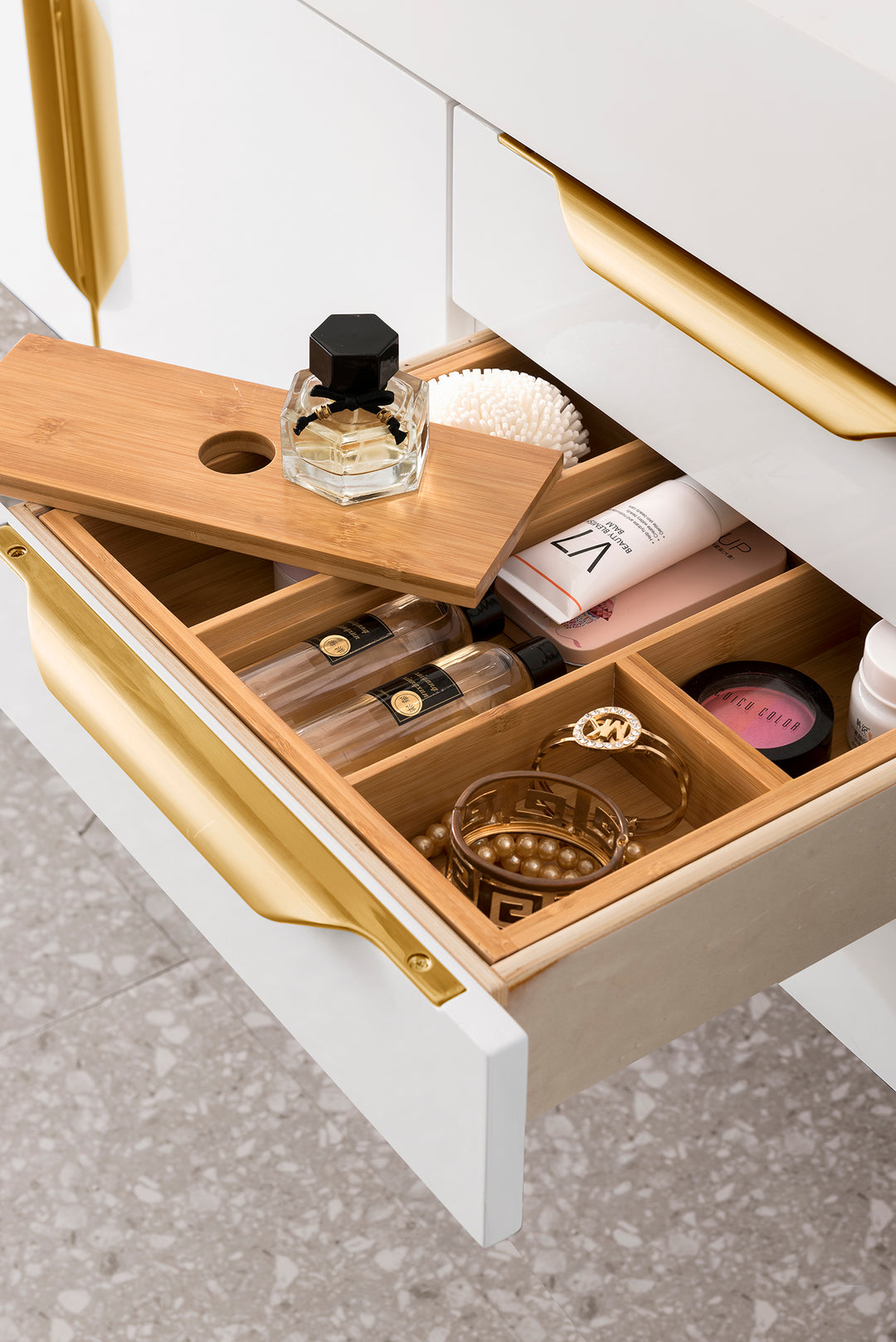 Columbia 48" Single Wall Mount Vanity, Glossy White, Radiant Gold w/ Glossy White Composite Stone Top