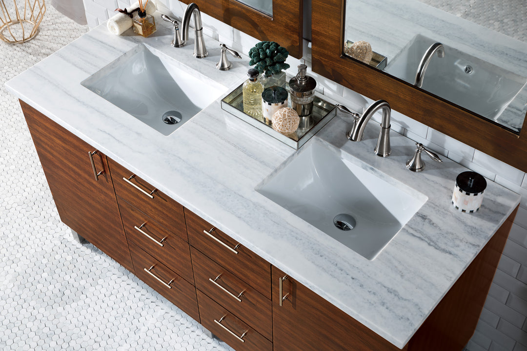Metropolitan 60" Double Vanity, American Walnut w/ 3 CM Arctic Fall Solid Surface Top