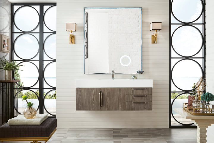 Columbia 48" Single Wall Mount Vanity, Ash Gray, Brushed Nickel w/ Glossy White Composite Stone Top